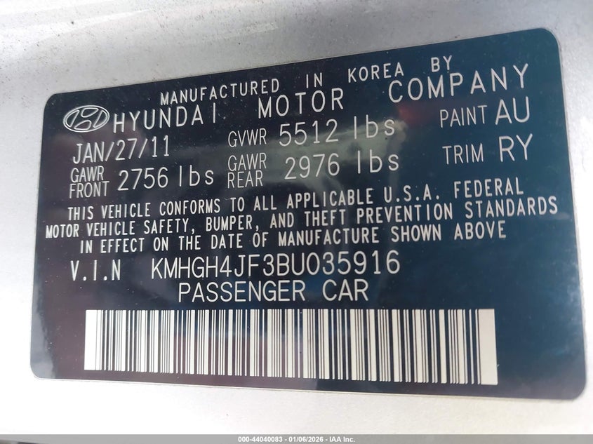2011 Hyundai Equus Signature VIN: KMHGH4JF3BU035916 Lot: 44040083