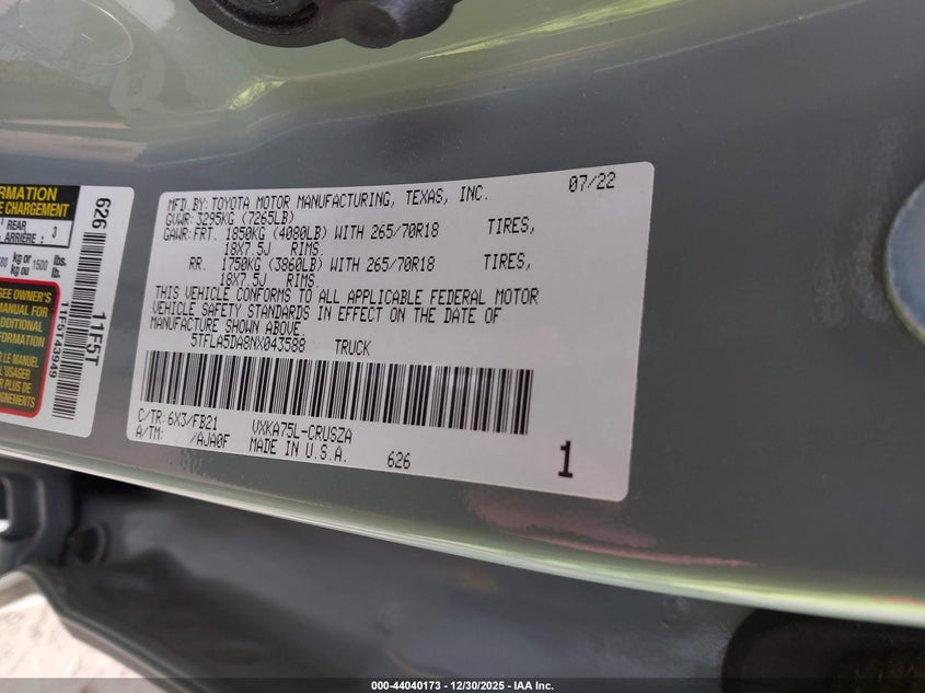 2022 Toyota Tundra Sr5 VIN: 5TFLA5DA8NX043588 Lot: 44040173