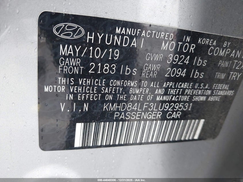 VIN KMHD84LF3LU929531 2020 HYUNDAI ELANTRA VALUE EDITION
