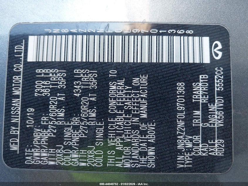 2020 Infiniti Qx80 Luxe VIN: JN8AZ2NF0L9701368 Lot: 44040752