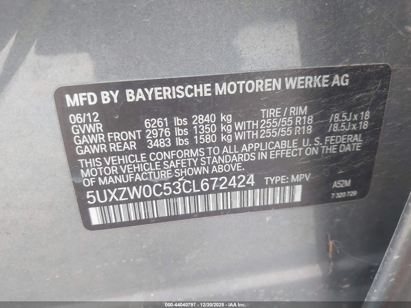 2012 BMW X5 xDrive35D VIN: 5UXZW0C53CL672424 Lot: 44040797