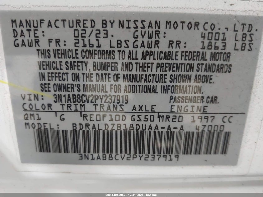 VIN 3N1AB8CV2PY237919 2023 NISSAN SENTRA SV XTRONIC CVT