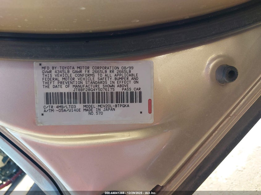 2000 Lexus Es 300 VIN: JT8BF28G4Y5076175 Lot: 44041366