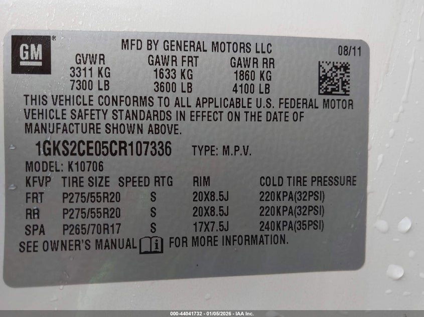 2012 Gmc Yukon 5.3 Slt Other Lot 111044041732 Vin 1GKS2CE05CR107336