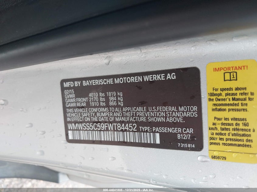 2015 Mini Paceman Cooper S VIN: WMWSS5C59FWT84452 Lot: 44041805