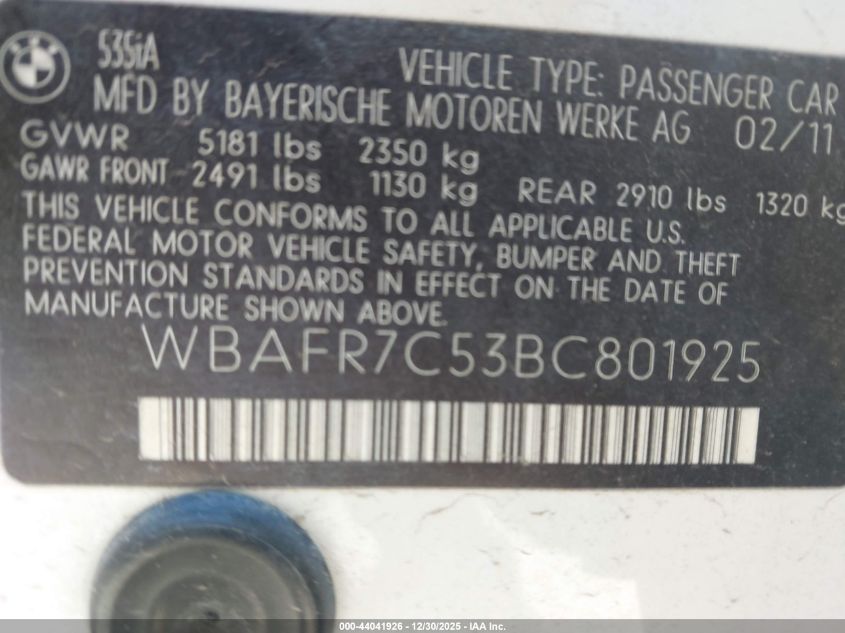 2011 BMW 535I VIN: WBAFR7C53BC801925 Lot: 44041926