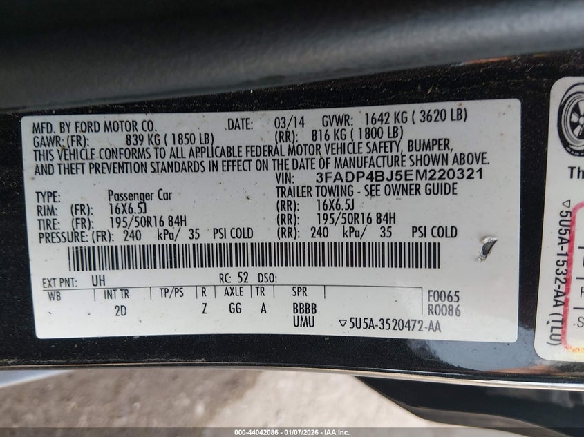 2014 Ford Fiesta Se VIN: 3FADP4BJ5EM220321 Lot: 44042086