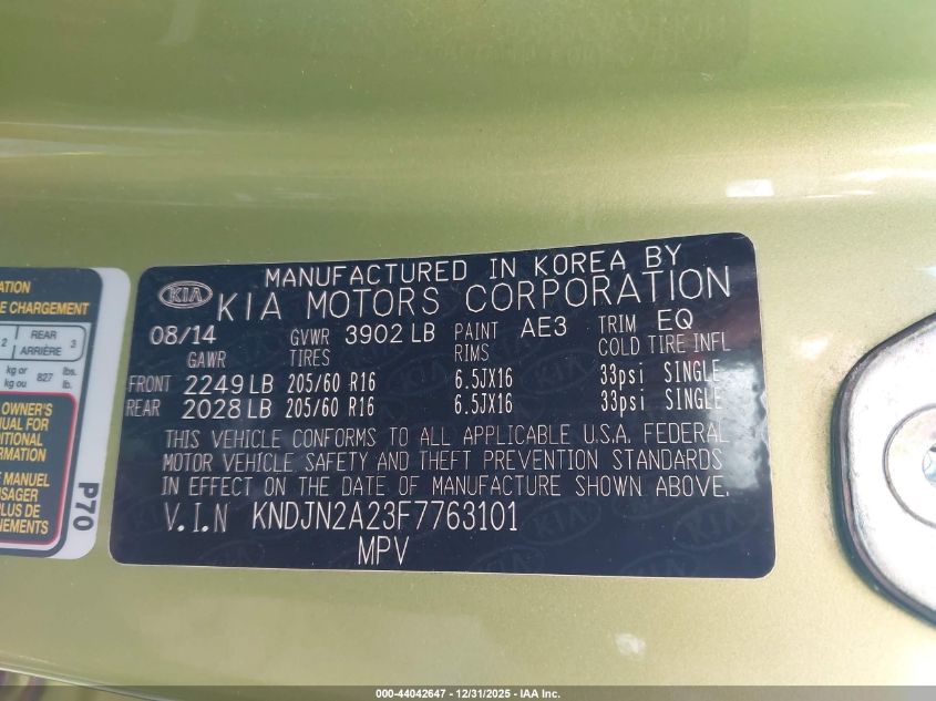 2015 Kia Soul VIN: KNDJN2A23F7763101 Lot: 44042647