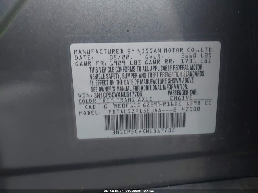 VIN 3N1CP5CVXNL517705 2022 NISSAN KICKS SV XTRONIC CVT