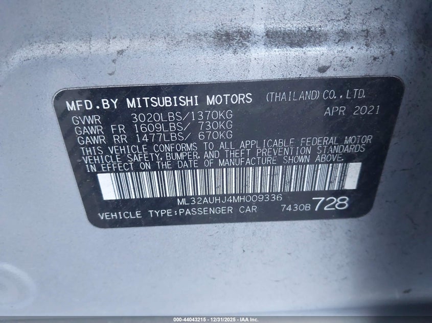 VIN ML32AUHJ4MH009336 2021 MITSUBISHI MIRAGE CARBONITE EDITION/ES/LE