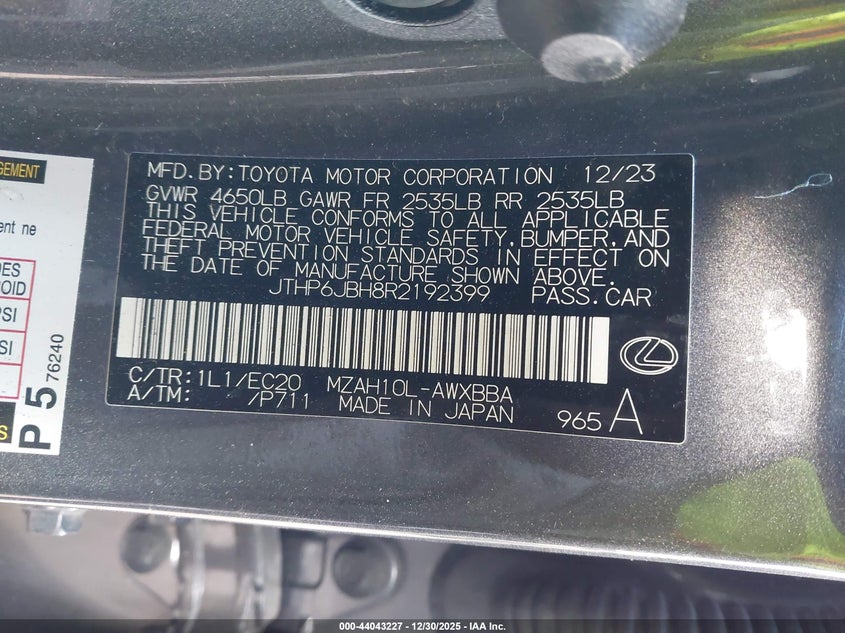 2024 Lexus Ux 250H Premium VIN: JTHP6JBH8R2192399 Lot: 44043227