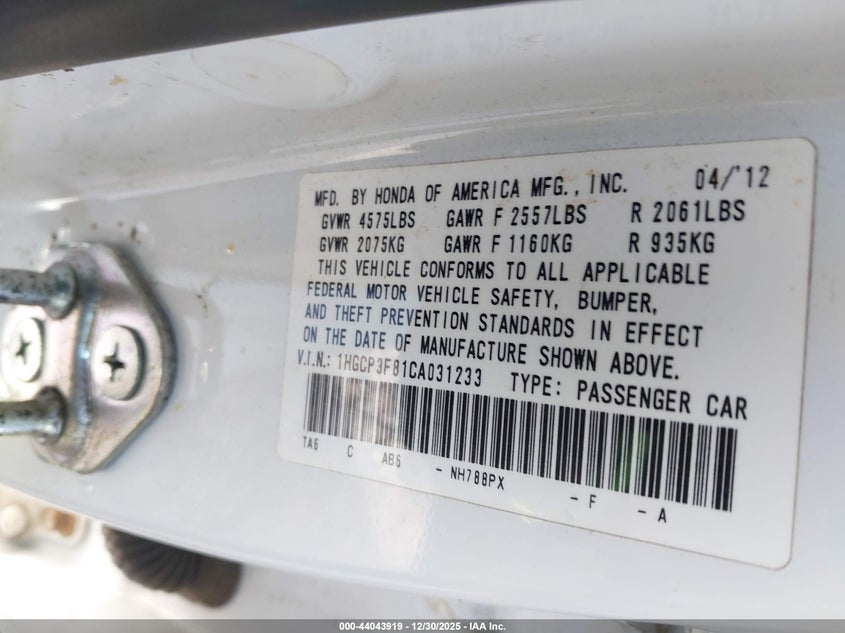 2012 Honda Accord 3.5 3.5 Ex-L white Lot 111044043919 Vin 1HGCP3F81CA031233