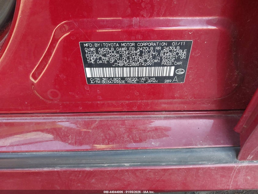 2011 Lexus Is 250 VIN: JTHBF5C28B5142991 Lot: 44044006