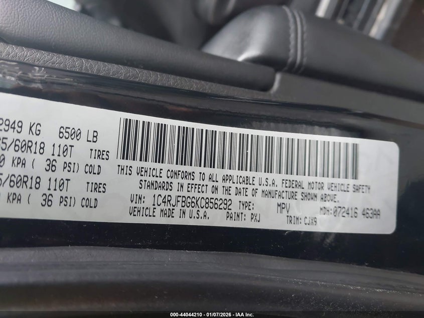 VIN 1C4RJFBG6KC856292 2019 JEEP GRAND CHEROKEE LIMITED 4X4