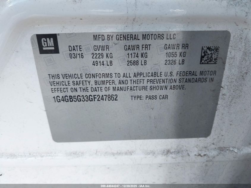 2016 Buick Lacrosse Leather VIN: 1G4GB5G33GF247862 Lot: 44044247