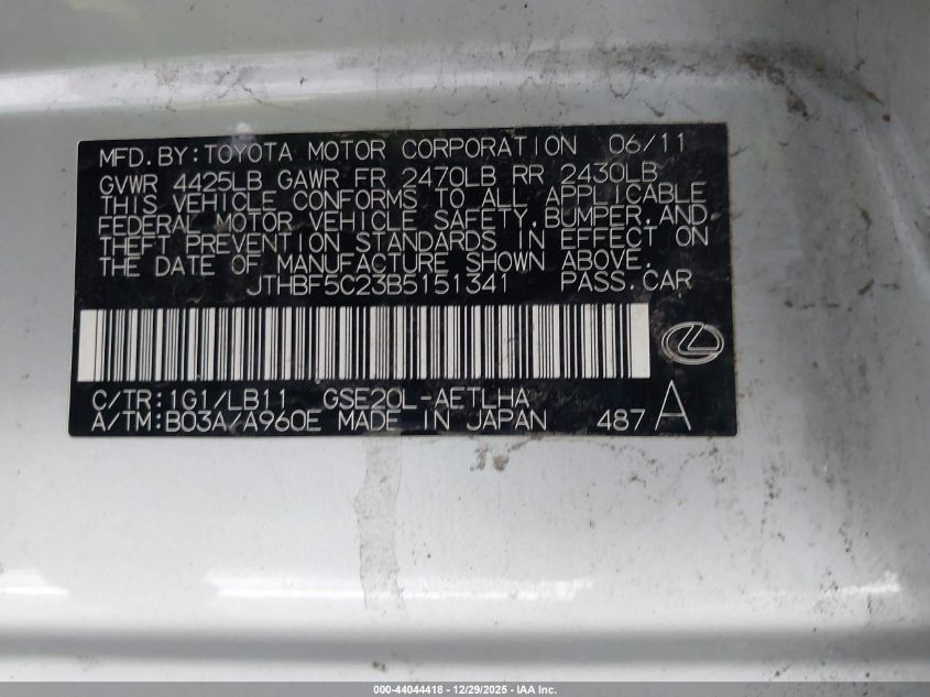 2011 Lexus Is 250 VIN: JTHBF5C23B5151341 Lot: 44044418