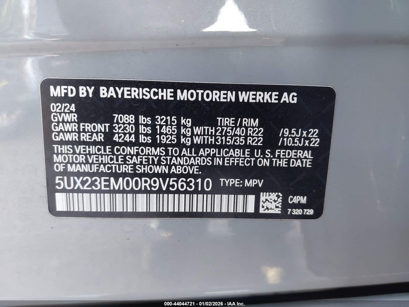 2024 BMW X7 xDrive40I VIN: 5UX23EM00R9V56310 Lot: 44044721