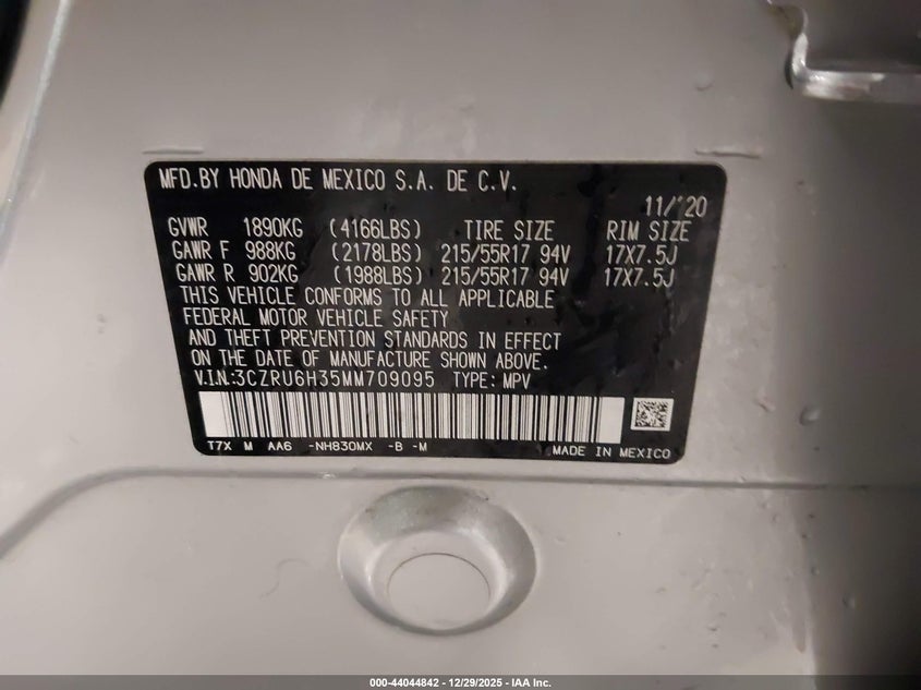 VIN 3CZRU6H35MM709095 2021 HONDA HR-V AWD LX