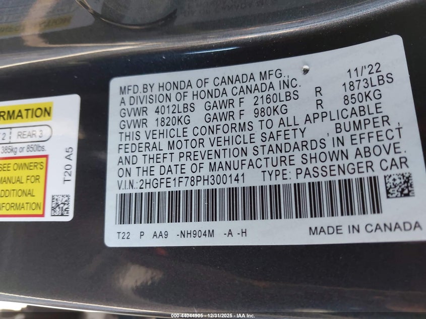VIN 2HGFE1F78PH300141 2023 HONDA CIVIC EX/EX W/O BSI