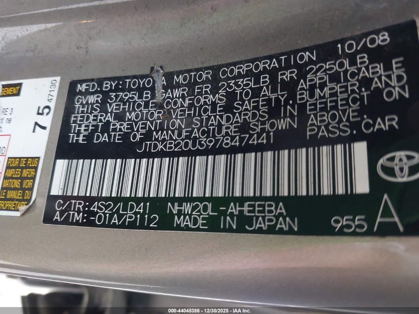 2009 Toyota Prius VIN: JTDKB20U397847441 Lot: 44045386