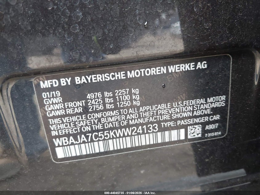 2019 BMW 530I xDrive VIN: WBAJA7C55KWW24133 Lot: 44045735