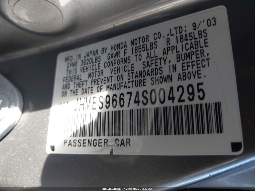 2004 Honda Civic Hybrid VIN: JHMES96674S004295 Lot: 44045939