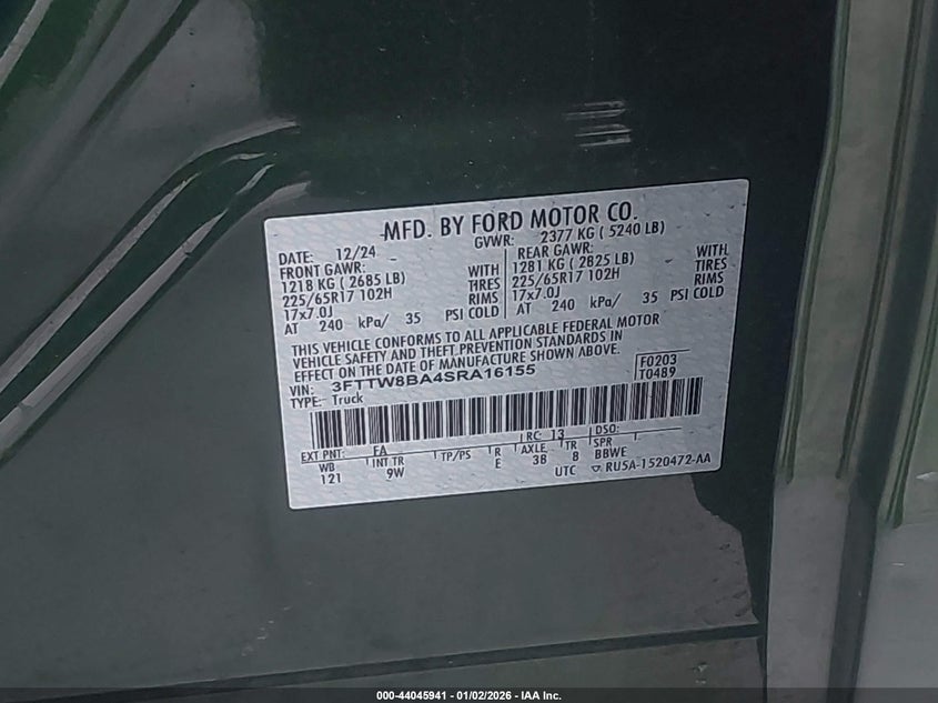 VIN 3FTTW8BA4SRA16155 2025 FORD MAVERICK XL