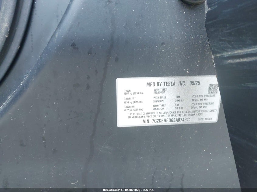 2025 Tesla Cybertruck VIN: 7G2CEHED6SA074241 Lot: 44046314