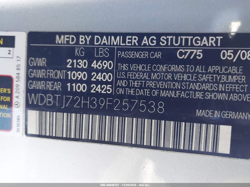 2009 Mercedes-Benz Clk 550 VIN: WDBTJ72H39F257538 Lot: 44046707