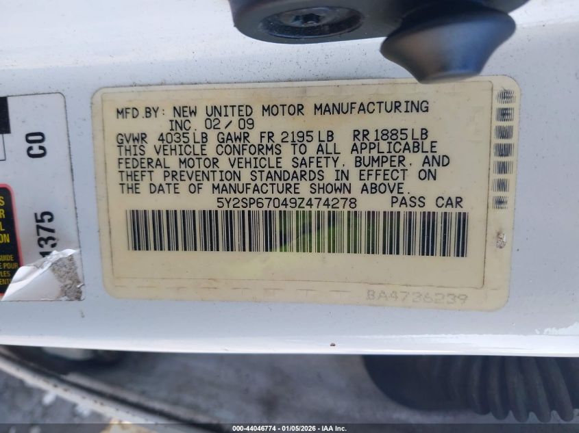 2009 Pontiac Vibe VIN: 5Y2SP67049Z474278 Lot: 44046774