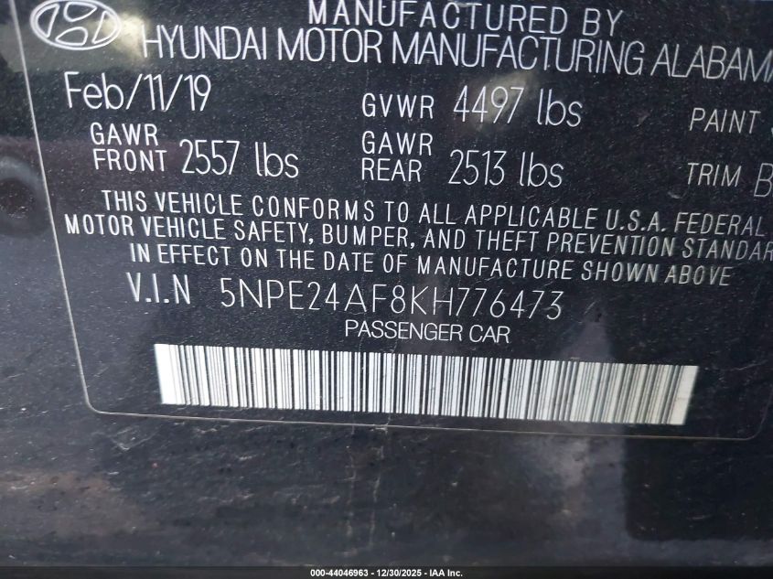 2019 Hyundai Sonata Se VIN: 5NPE24AF8KH776473 Lot: 44046963