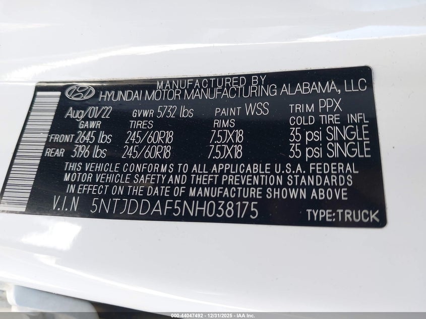 2022 Hyundai Santa Cruz Sel Premium VIN: 5NTJDDAF5NH038175 Lot: 44047492