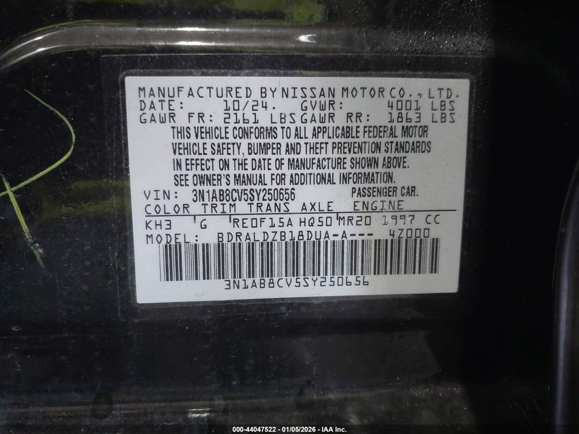 2025 NISSAN SENTRA 2.0L I-4 DI, DOHC, V(VIN: 3N1AB8CV5SY250656