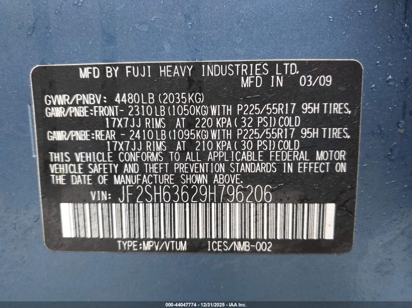 2009 Subaru Forester 2.5X VIN: JF2SH63629H796206 Lot: 44047774