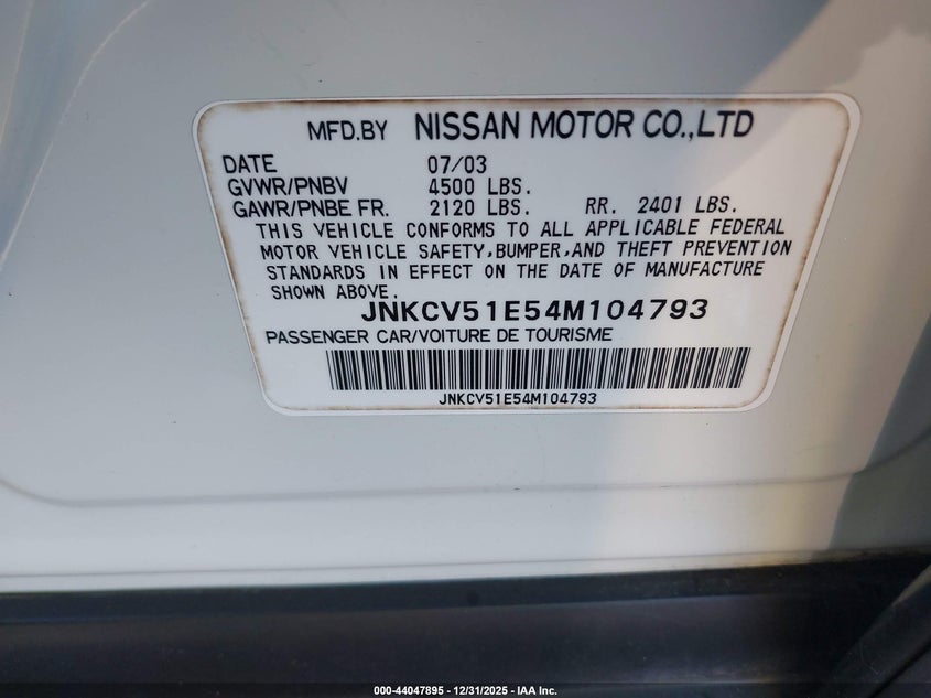 2004 Infiniti G35 VIN: JNKCV51E54M104793 Lot: 44047895