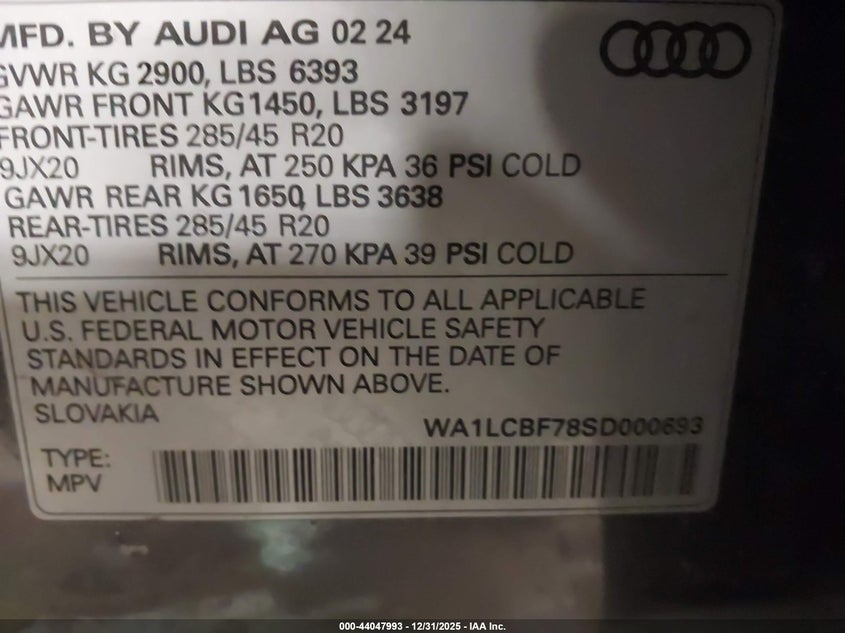 2025 AUDI Q7 2.0L I-4 DI, DOHC, V(VIN: WA1LCBF78SD000693