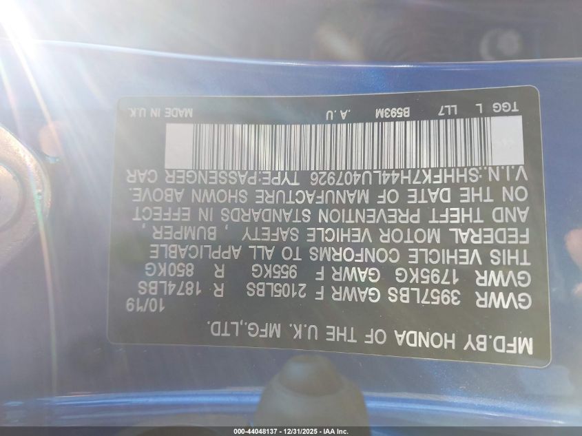 2020 Honda Civic Sport VIN: SHHFK7H44LU407926 Lot: 44048137