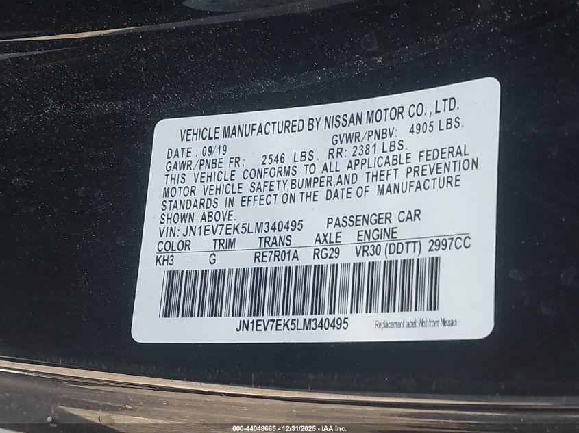 2020 Infiniti Q60 Pure VIN: JN1EV7EK5LM340495 Lot: 44048665