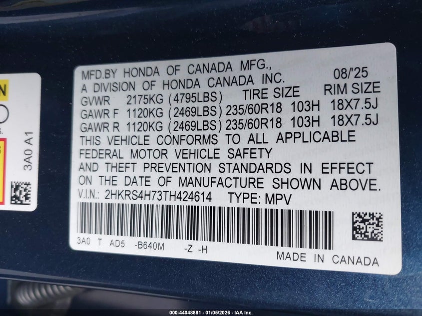 2026 HONDA CR-V 1.5L I-4 DI, DOHC, V(VIN: 2HKRS4H73TH424614