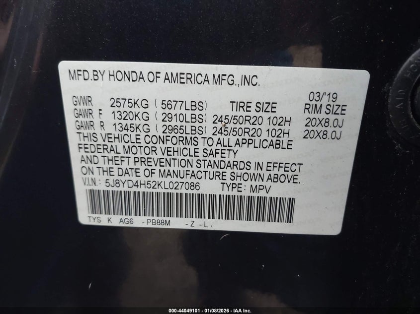 2019 Acura Mdx Tech Pkg VIN: 5J8YD4H52KL027086 Lot: 44049101