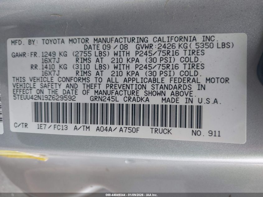 2009 Toyota Tacoma Base V6 VIN: 5TEUU42N19Z629592 Lot: 44049344