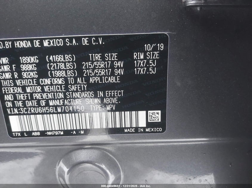 VIN 3CZRU6H56LM704150 2020 HONDA HR-V AWD EX
