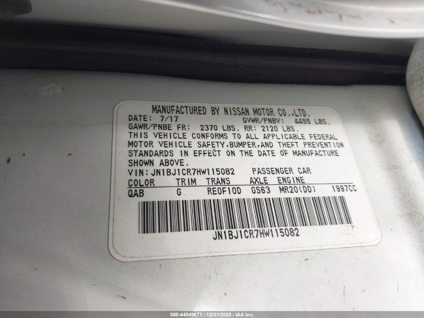 2017 Nissan Rogue Sport Sv VIN: JN1BJ1CR7HW115082 Lot: 44049671