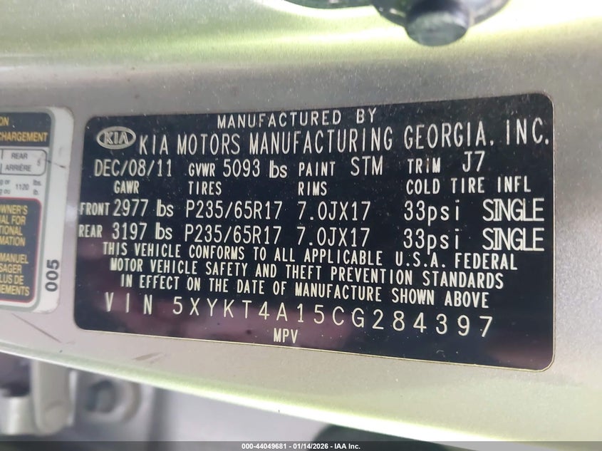 2012 Kia Sorento Lx VIN: 5XYKT4A15CG284397 Lot: 44049681