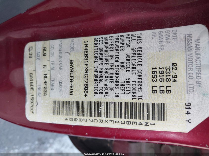 1994 Nissan Sentra E/Xe/Gxe/Le VIN: 1N4EB31FXRC778084 Lot: 44049697