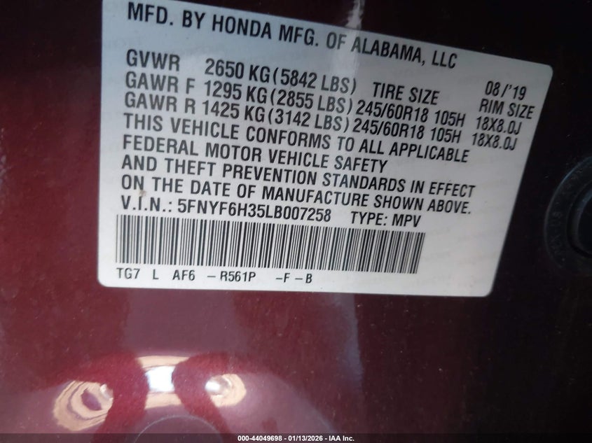 VIN 5FNYF6H35LB007258 2020 HONDA PILOT AWD EX