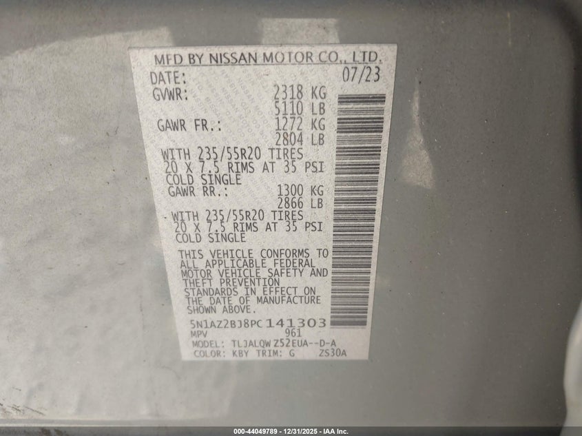 VIN 5N1AZ2BJ8PC141303 2023 NISSAN MURANO SV FWD