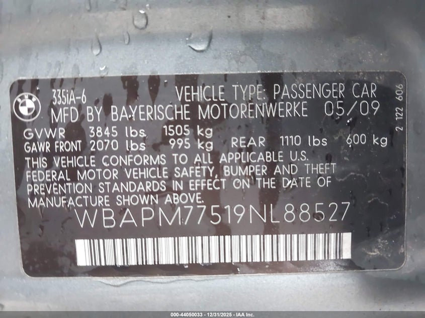2009 BMW 335I VIN: WBAPM77519NL88527 Lot: 44050033