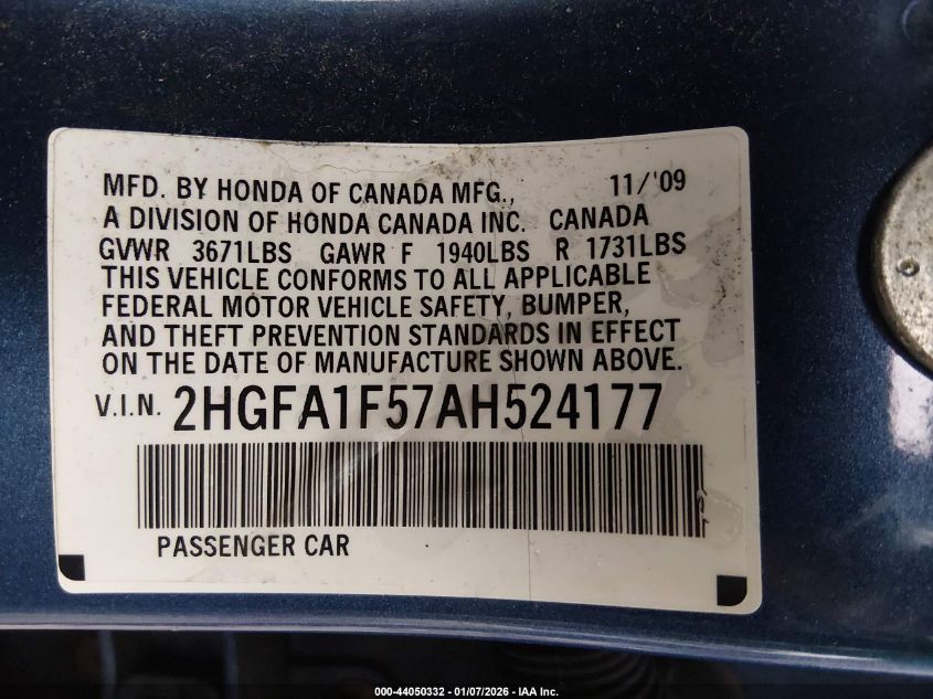 2010 Honda Civic Lx VIN: 2HGFA1F57AH524177 Lot: 44050332