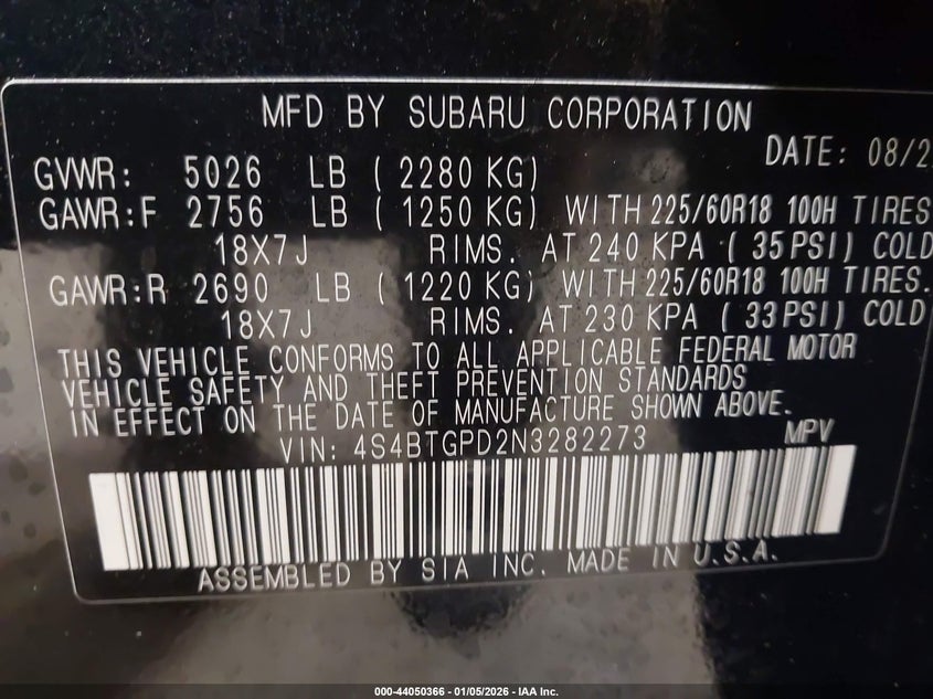 2022 Subaru Outback Touring Xt VIN: 4S4BTGPD2N3282273 Lot: 44050366